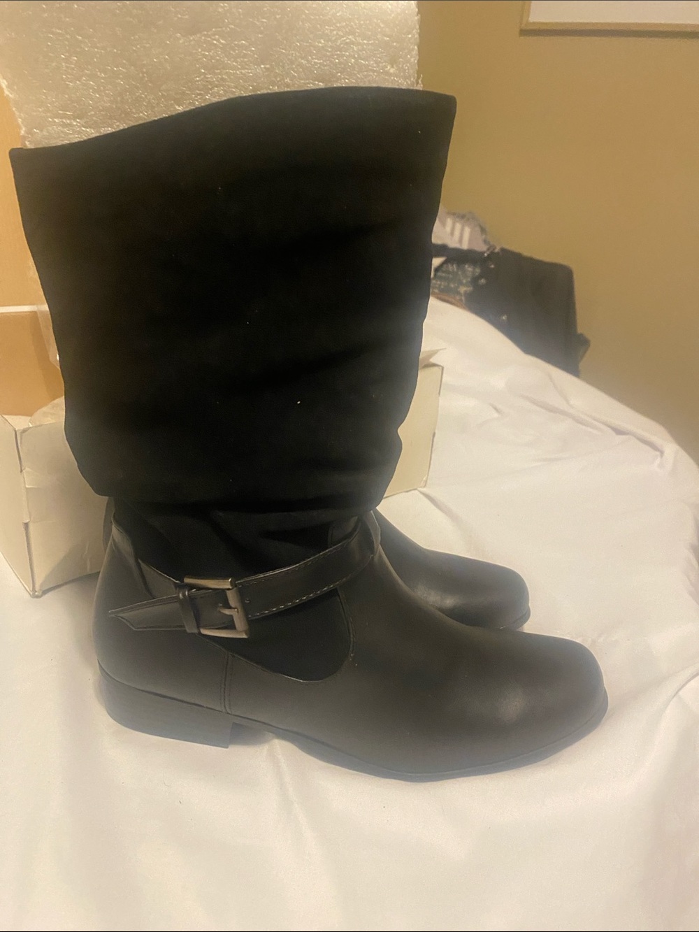 Joseph Black Mid-Calf Buckle-Heel Boots